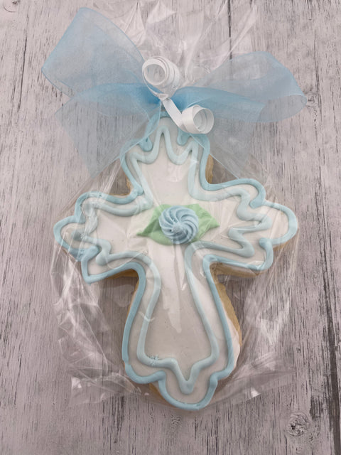 Blue cross decorated cookie favor for baptisms, communions, and religious celebrations